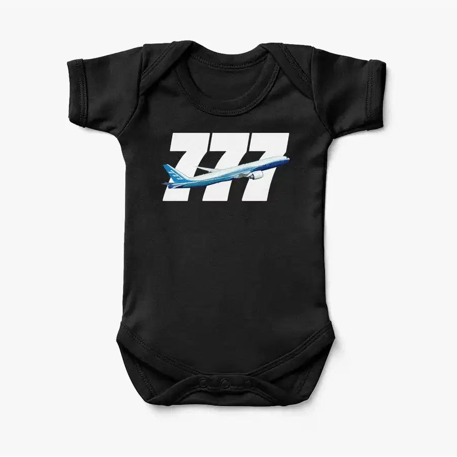 Super Boeing 777 aviation print on kids gentle cotton bodysuit.