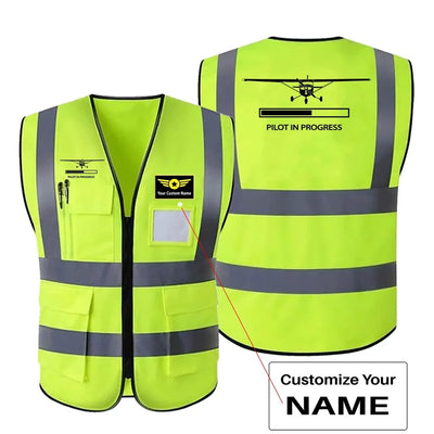 Pilot In Progress (Cessna) aviation design printed on high-visibility reflective fabric reflective vest.