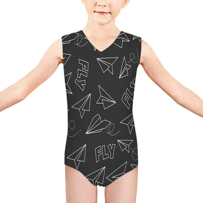Paper Airplane & Fly (Gray) aviation print on kids quick-dry fabric swimsuit.