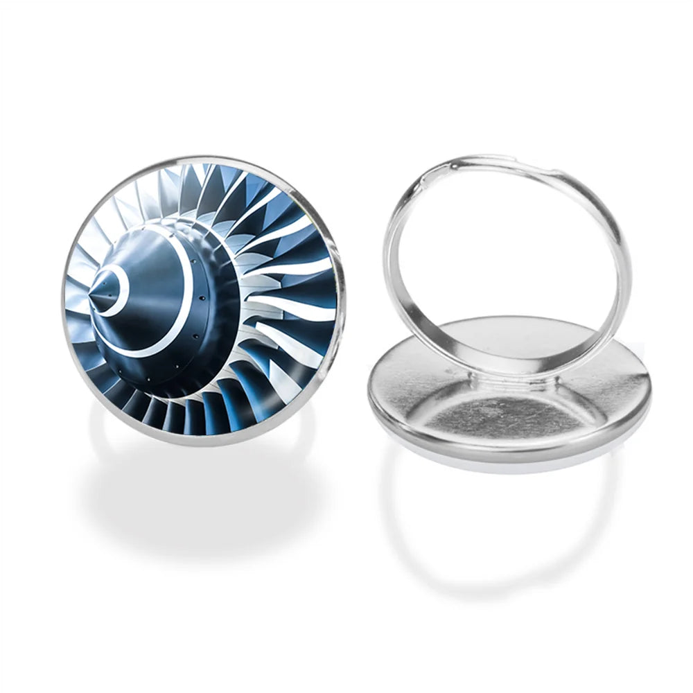 Blue Toned Super Jet Engine Blades Closeup aviation ring in stainless steel.