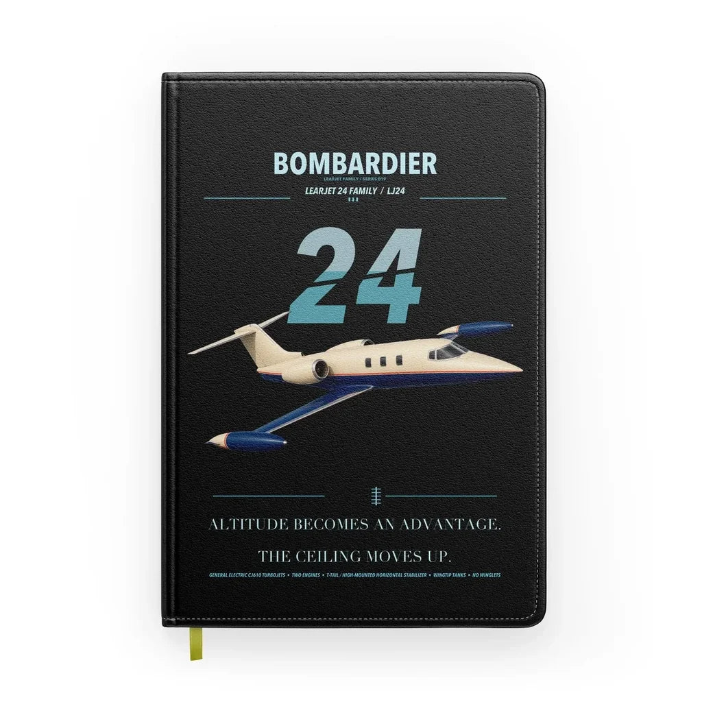 Bombardier Learjet 24 design on black notebook