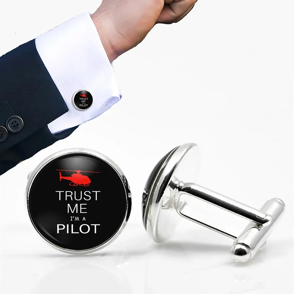 Side view of Trust Me I'm a Pilot (Helicopter) aviation cuff links in polished metal, polished finish.