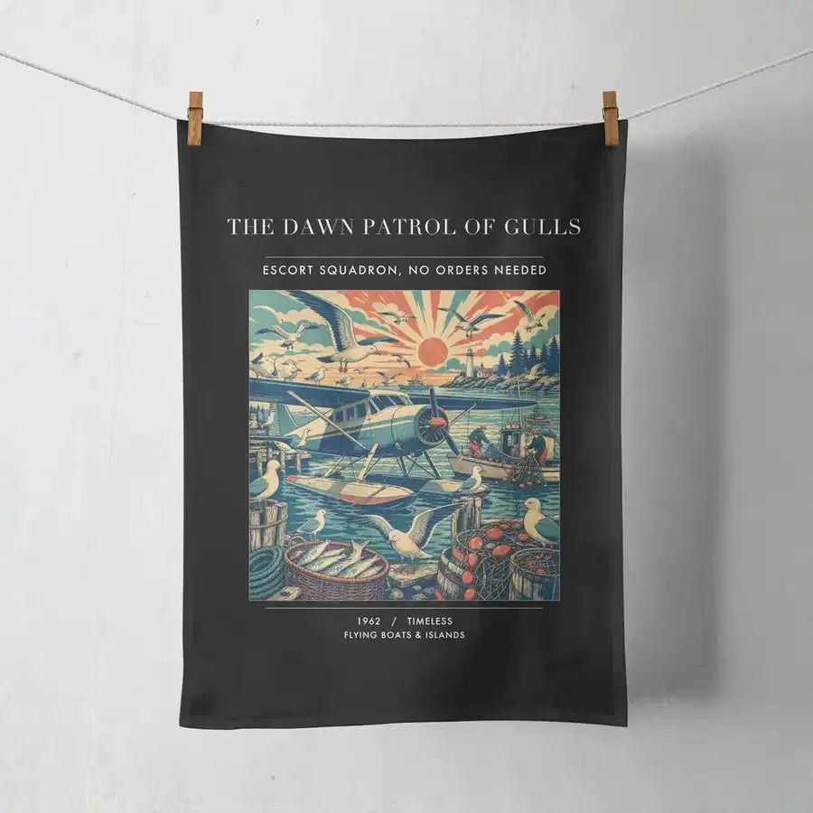 VINTAGE G4411 - The Dawn Patrol Of Gulls - Designed Towels design on black