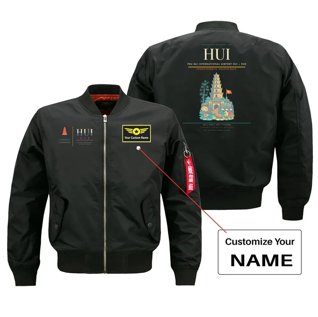 Phu Bai International Airport (HUI) design on black bomber jacket with custom name patch