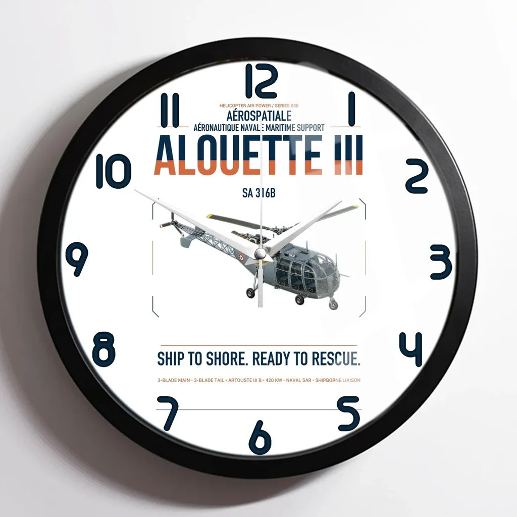 Aérospatiale SA 316B Alouette III design on white framed wall clock