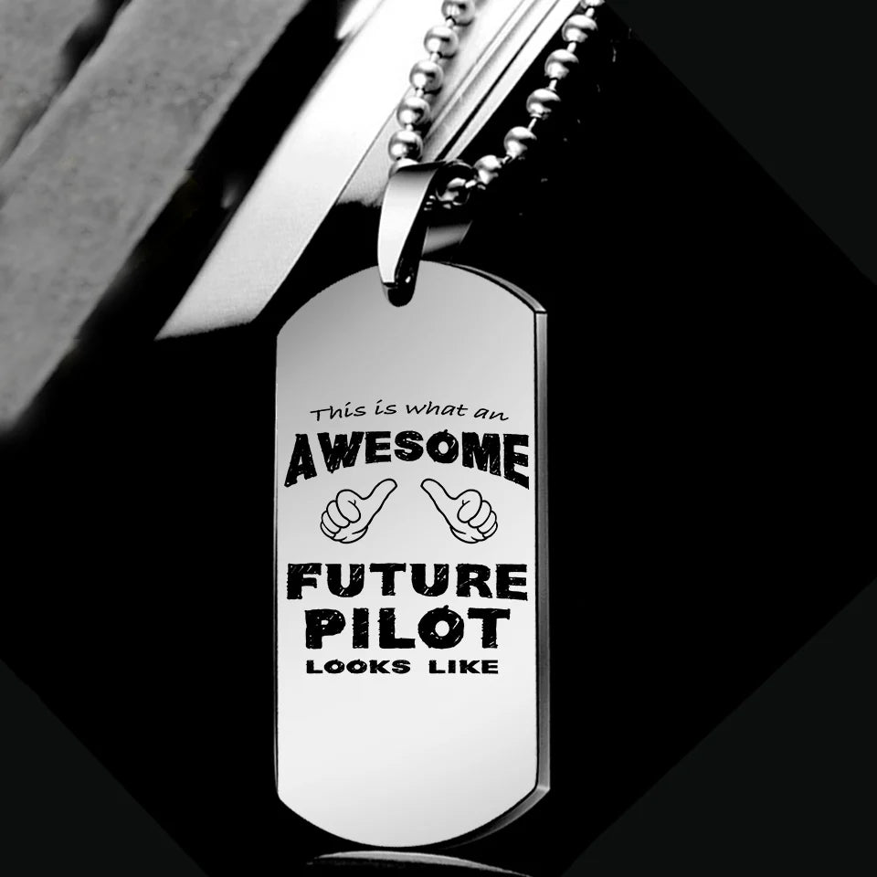 Future aviation necklace, polished metal body with engraved detail.
