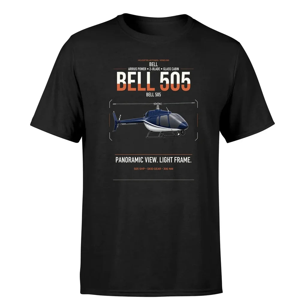 Bell 505 design on black t-shirt, single-side print