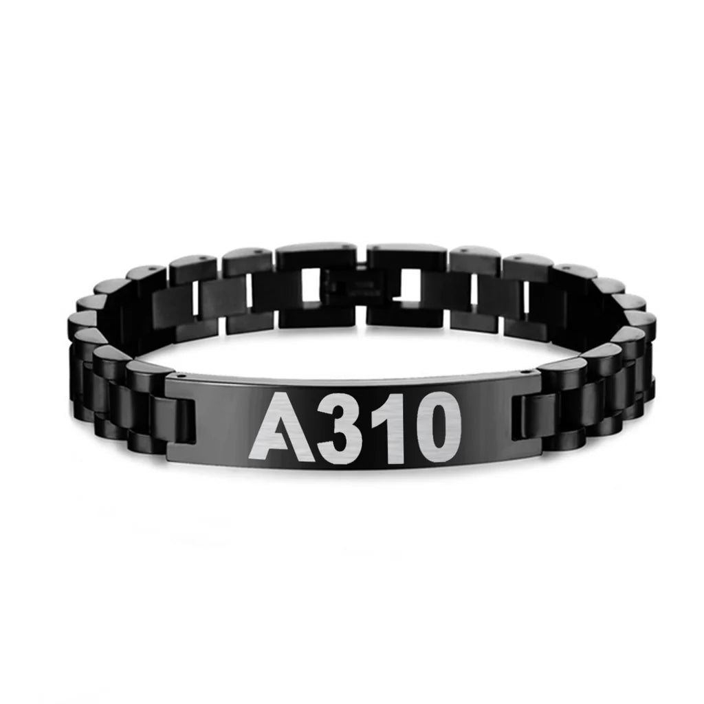 Airbus A310 Flat Text aviation-themed chain bracelet, polished stainless steel.