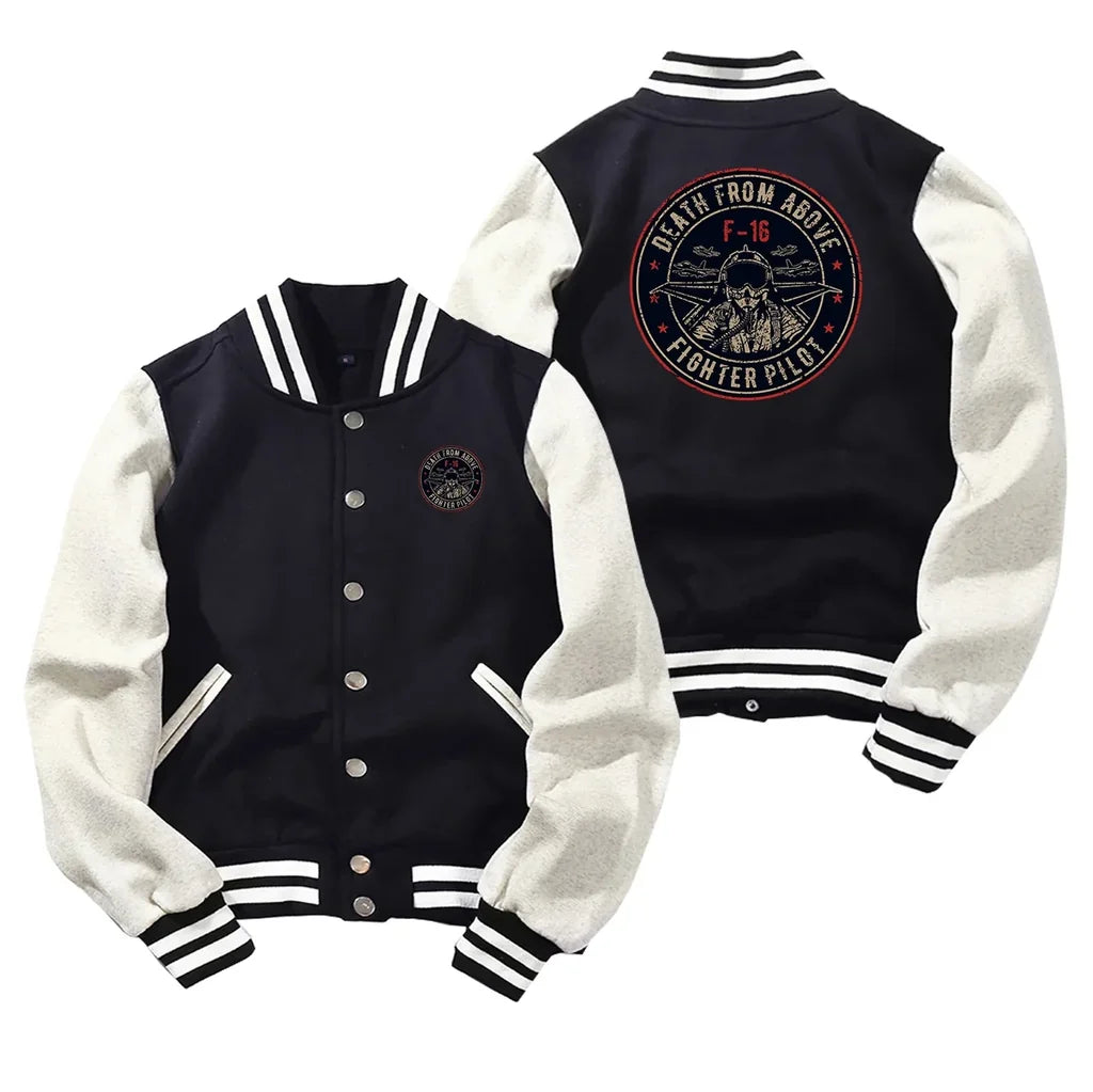Fighter Jet 16 - Death From Above Baseball Style aviation design printed on two-tone shell with ribbed cuffs baseball jacket.