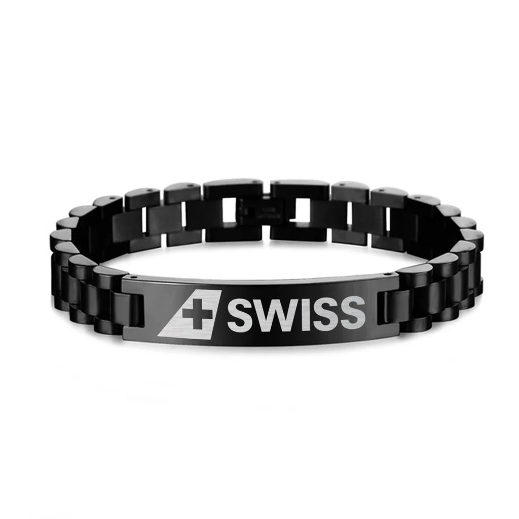 Side view of Swiss International Airlines aviation chain bracelet in stainless steel, polished finish.