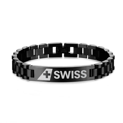 Side view of Swiss International Airlines aviation chain bracelet in stainless steel, polished finish.