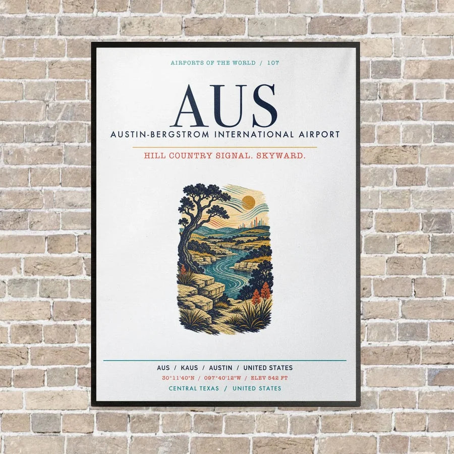 Austin-Bergstrom International Airport AUS vertical canvas print - framed - white background