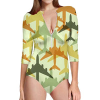Thumbnail for Seamless Colourful Airplanes aviation design on stretch swim fabric deep-V swim bodysuit.