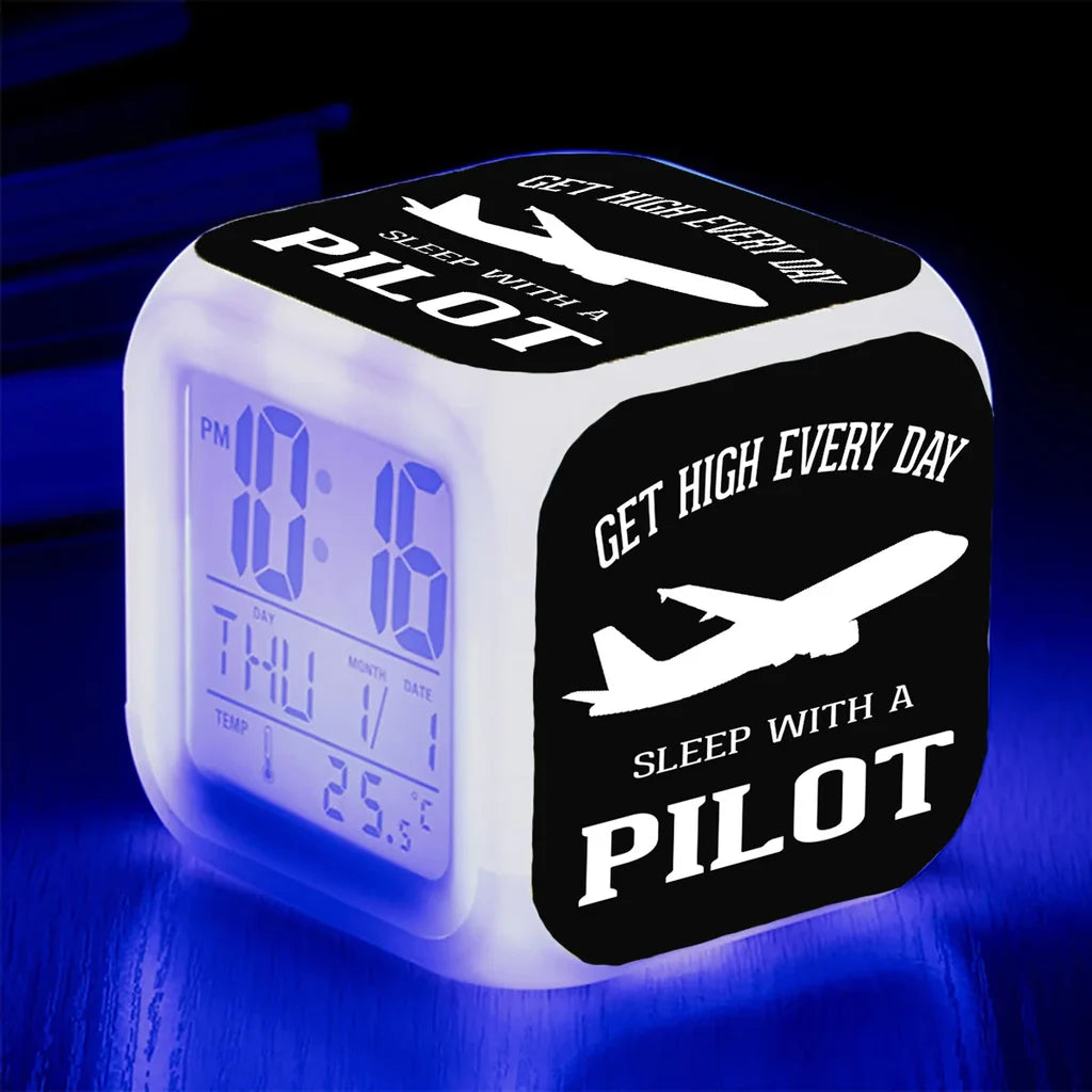 Get High Every Day Sleep With A Pilot "7 Colour" Digital Alarm aviation art table clock in premium wood and metal.