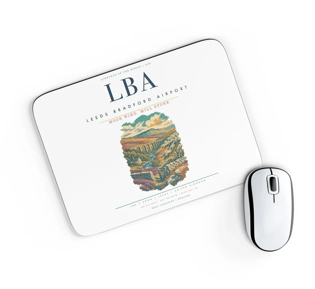 Leeds Bradford Airport (LBA) design on white rectangle mouse pad