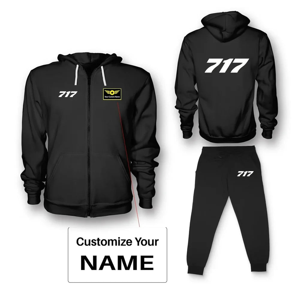 Boeing 717 Flat Text aviation design on soft cotton blend zipped hoodie and sweatpants set.