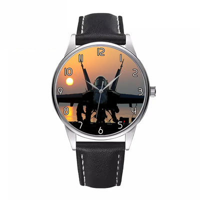Side view of Military Jet During Sunset aviation watch with leather strap in leather strap, polished finish.