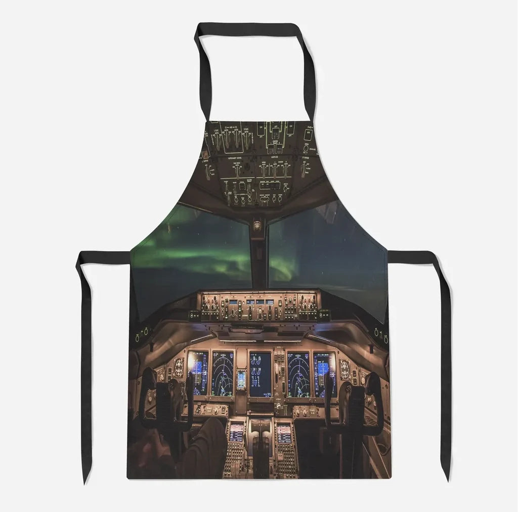 Boeing 777 Cockpit aviation design on durable cotton blend kitchen apron.