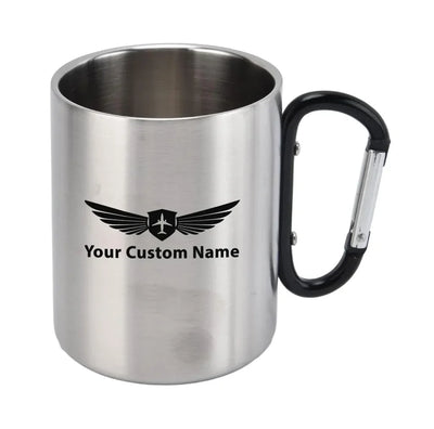 Custom Name (Badge 2) aviation design on outdoor mug, durable insulated construction.