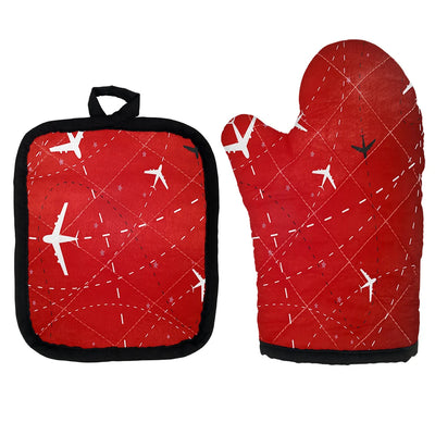 Travelling with Aircraft (Red) Kitchen Glove & Holder aviation design on durable fabric with insulated lining kitchen glove holder.
