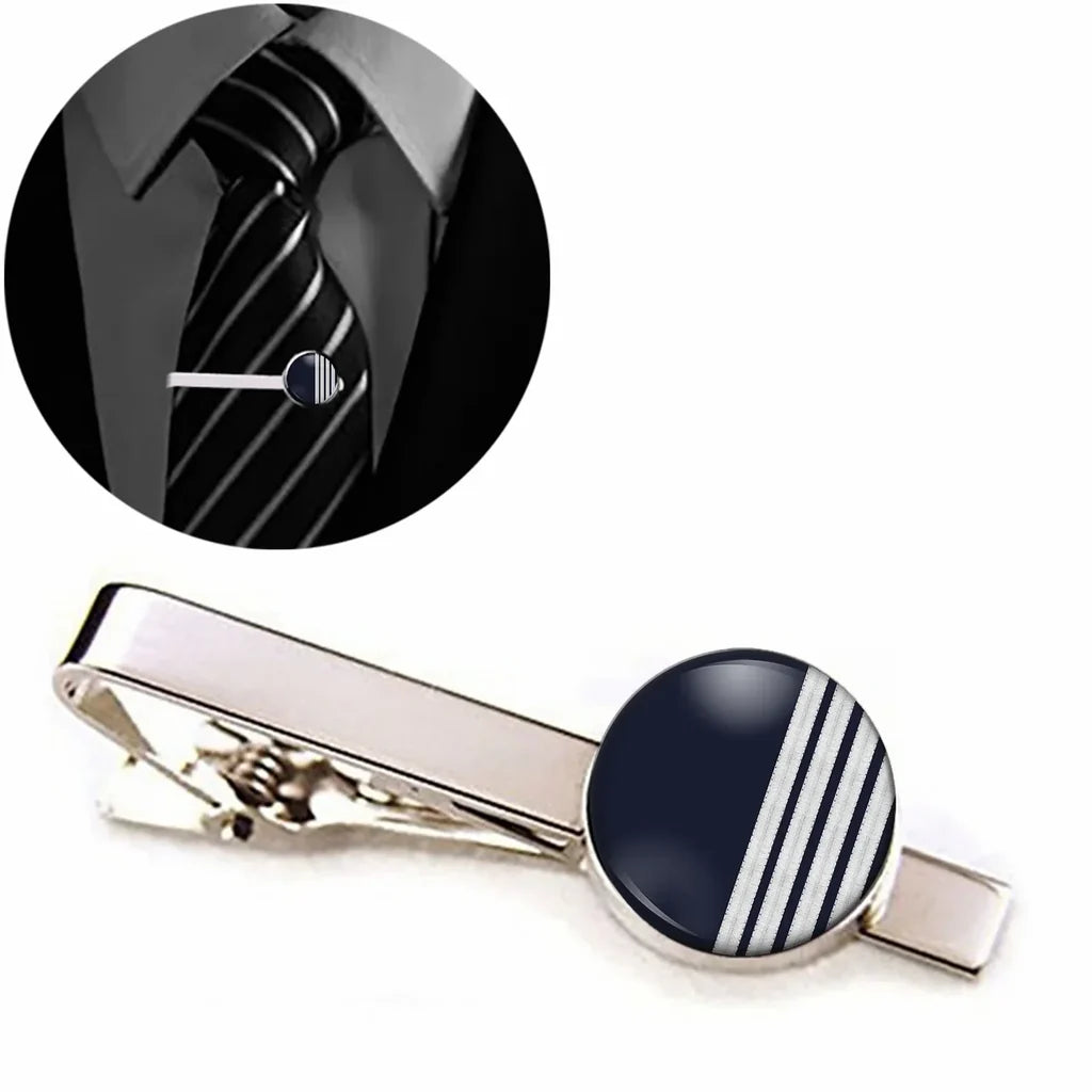 Side view of Special Silver Pilot Epaulettes 4 Lines aviation tie clip in stainless steel, polished finish.