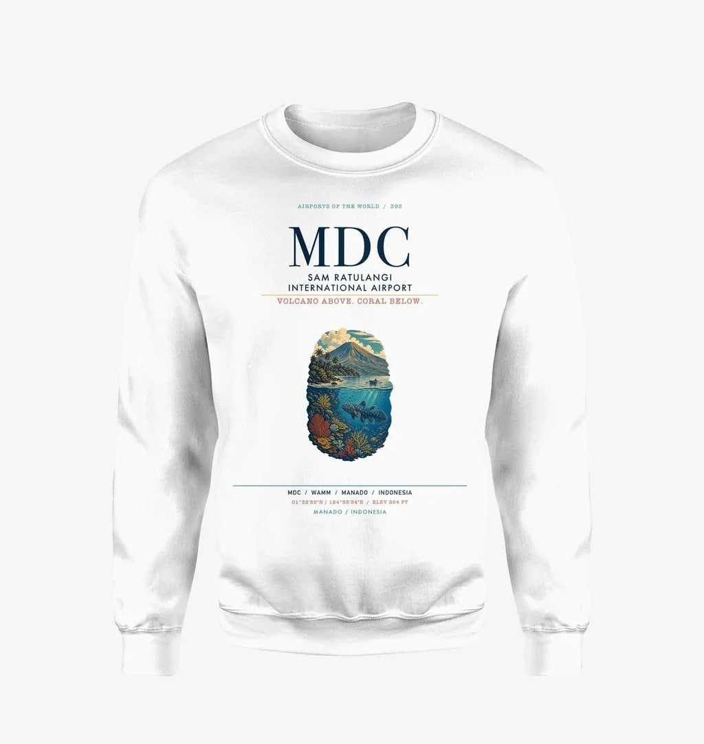 Sam Ratulangi International Airport Manado (MDC) design on white sweatshirt