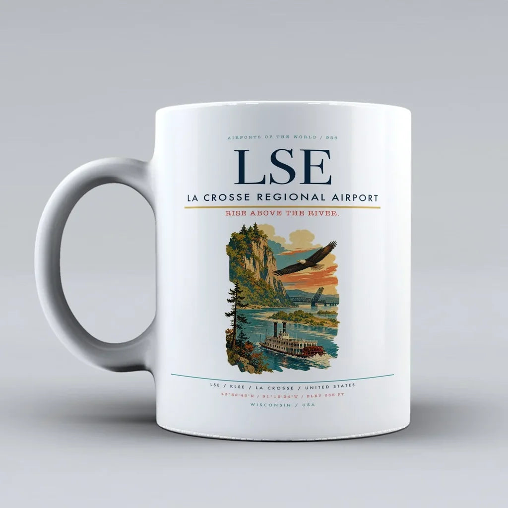 La Crosse Regional Airport (LSE) airport code design on white ceramic mug