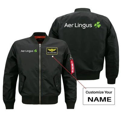 Aer Lingus Airlines aviation design with custom name embroidered on black bomber jacket
