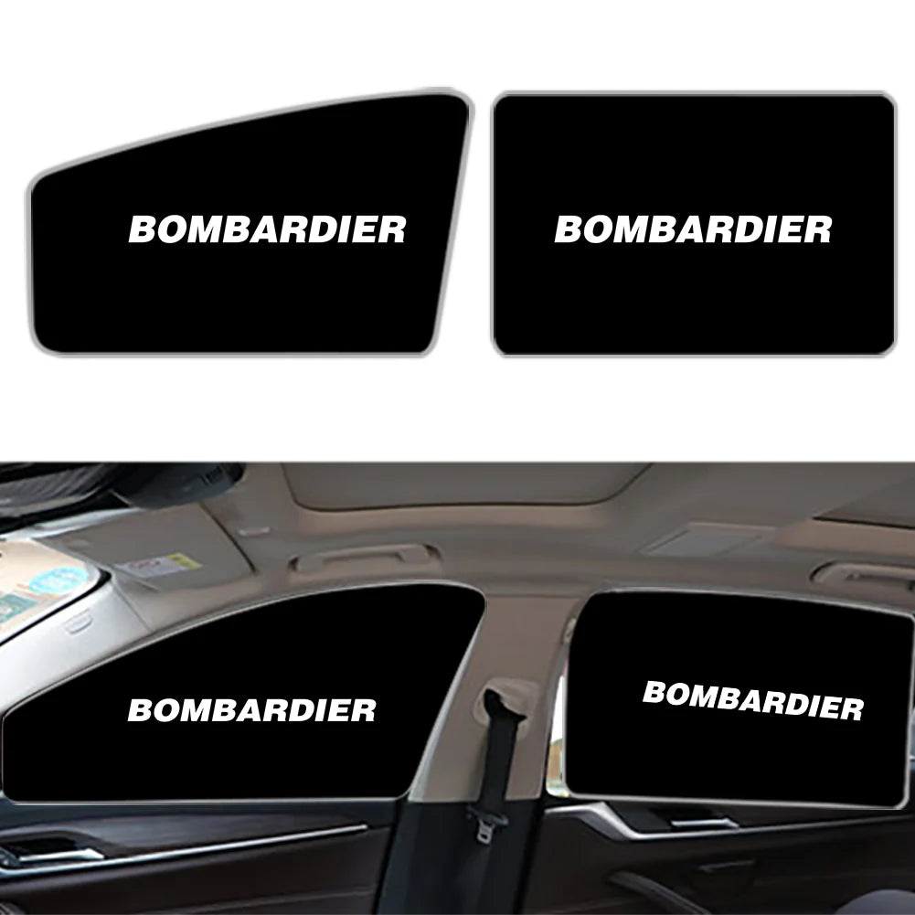 Bombardier & Text Car Sun Shade (Side window) aviation design on reflective polyester car side window sun shade.