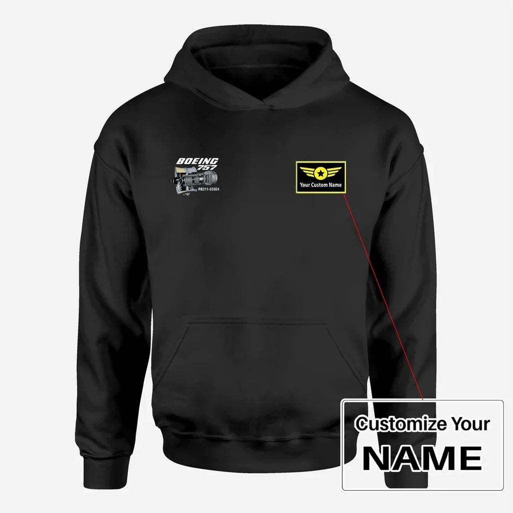 Boeing 757 & Rolls Royce Engine (RB211) aviation design on soft cotton blend men's hoodie with small chest logo.