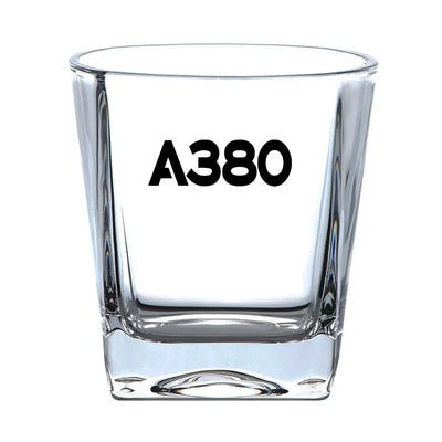 Airbus A380 Flat Text aviation design on whiskey glass, crystal-clear premium glassware.