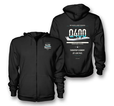 Dash 8-400 design on black zipped hoodie