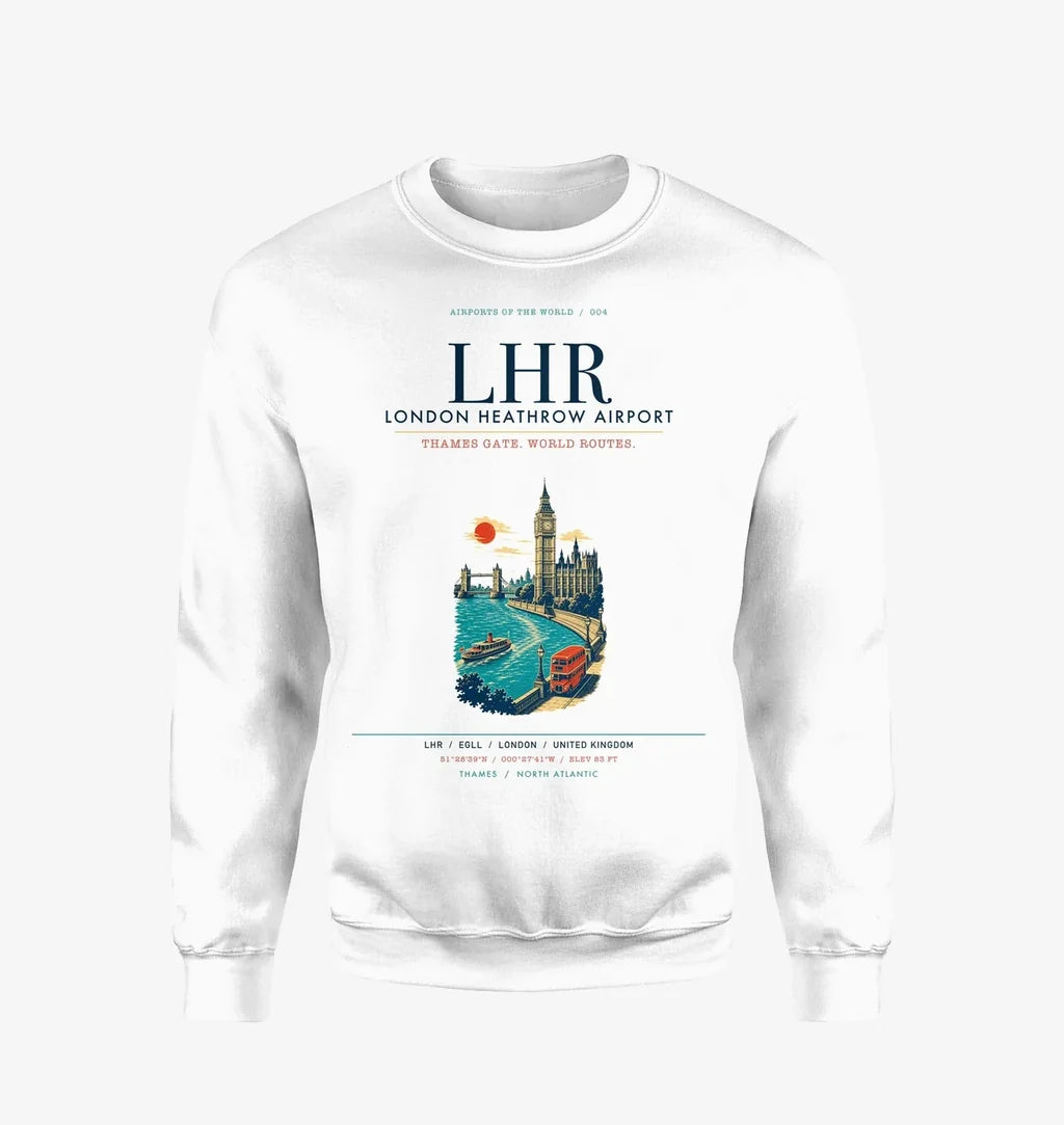 London Heathrow Airport (LHR) design on white sweatshirt