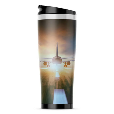 Airplane Flying Over Runway aviation design on travel mug no-holder, insulated double-wall.
