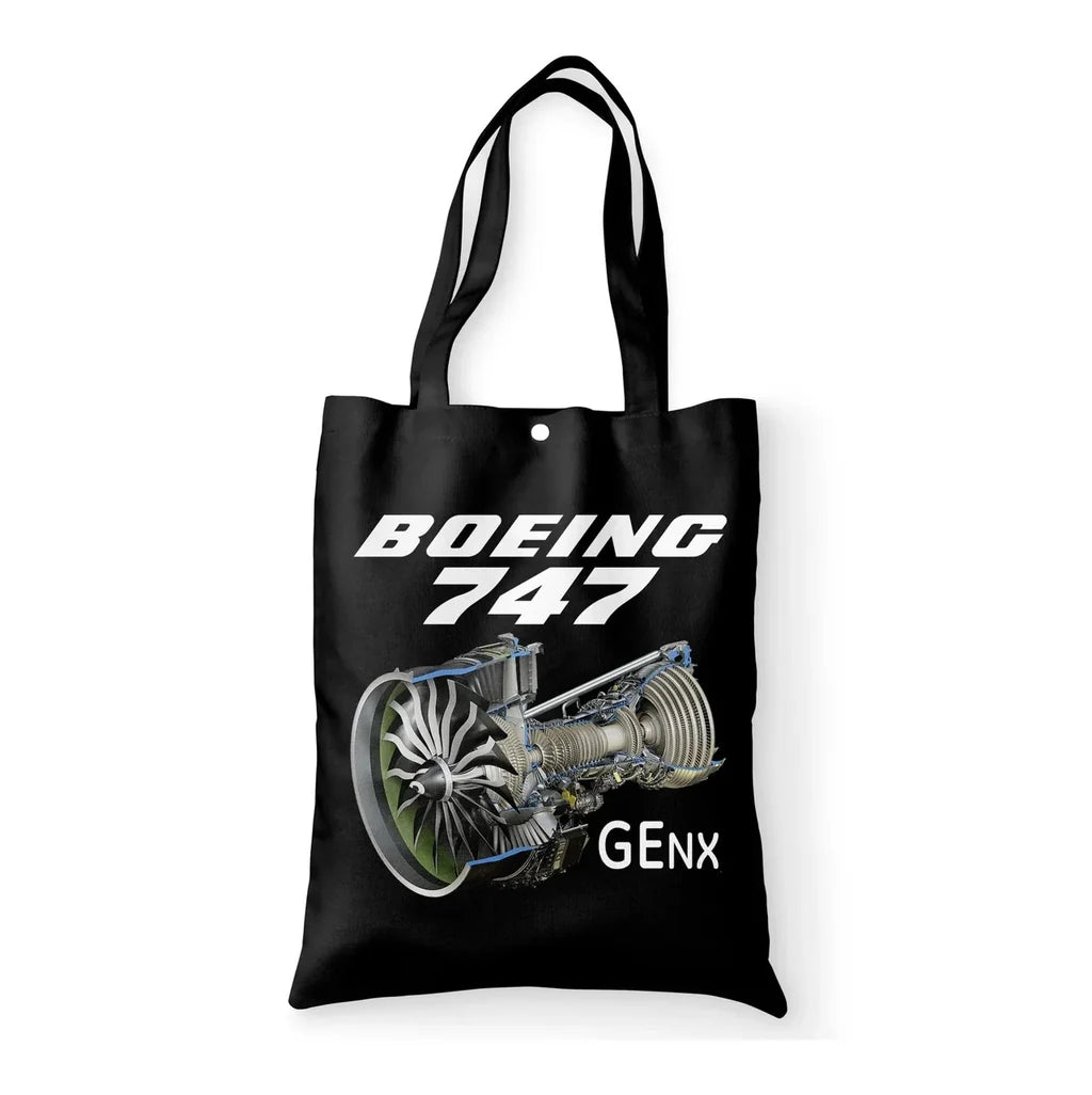 Boeing 747 & GENX Engine aviation design tote bag, canvas construction.