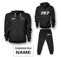 Thumbnail for Boeing 757 Flat Text aviation design on soft cotton blend zipped hoodie and sweatpants set.