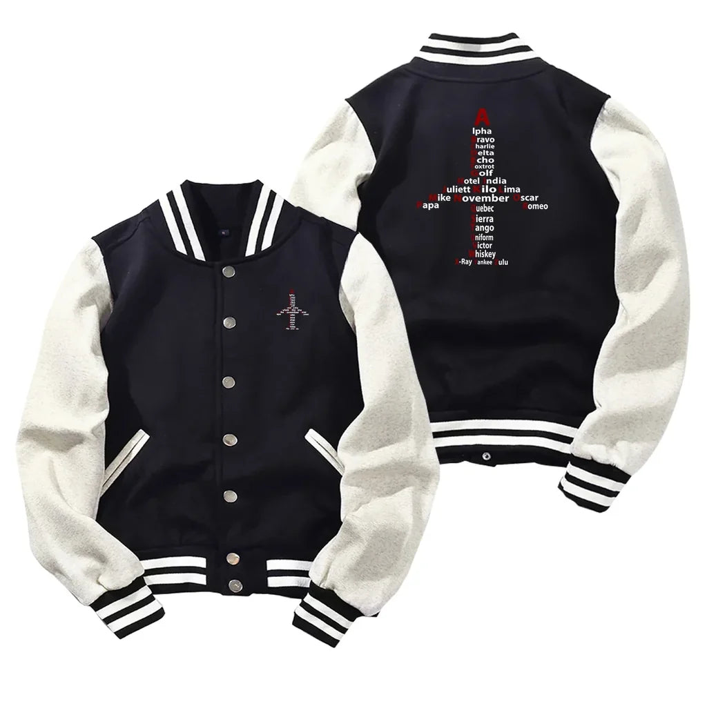 Airplane Shape Aviation Alphabet Baseball Style aviation design printed on two-tone shell with ribbed cuffs baseball jacket.