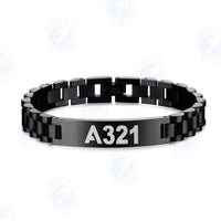 Thumbnail for Airbus A321 Flat Text aviation chain bracelet, stainless steel body with engraved detail.