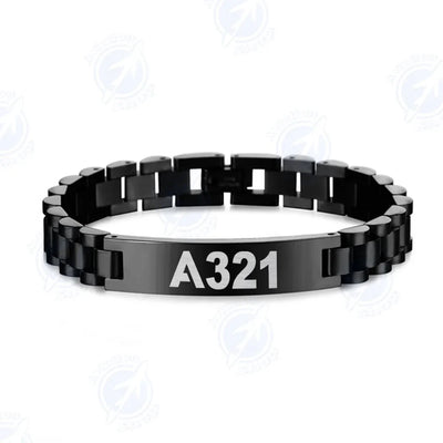 Airbus A321 Flat Text aviation chain bracelet, stainless steel body with engraved detail.