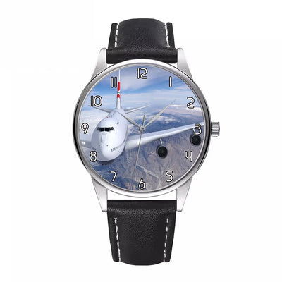 Side view of Graphical Boeing 747 aviation watch with leather strap in leather strap, polished finish.