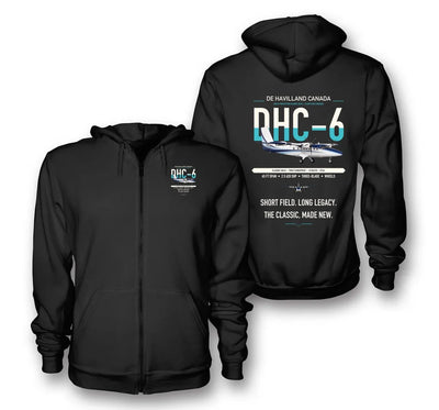 DHC-6 Twin Otter Classic 300-G design on black premium zipped hoodie, double-side print