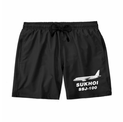 Sukhoi Superjet 100 aviation design on quick-dry polyester swim trunks.