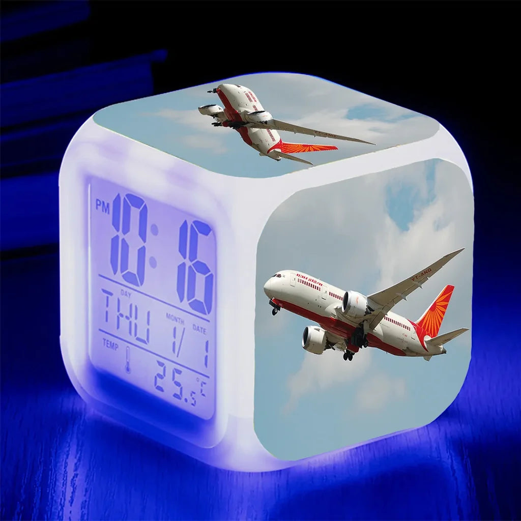 Air India's Boeing 787 "7 Colour" Digital Alarm aviation design on premium wood and metal table clock.