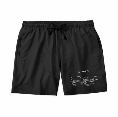 How Planes Fly aviation design on quick-dry polyester swim trunks.