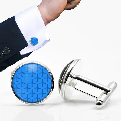 Blue Seamless Airplanes aviation cuff links, polished metal body with engraved detail.