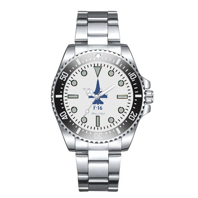 Side view of Fighter Jet 16 Luxury Aviators aviation aviator watch in premium stainless steel, polished finish.
