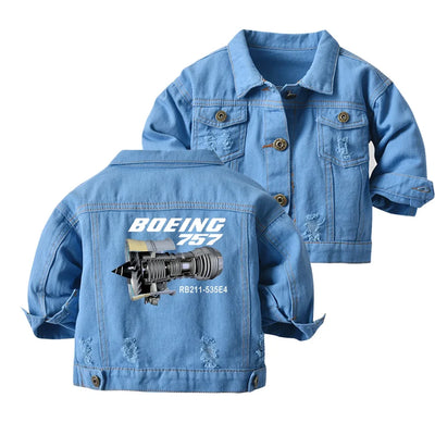 Boeing 757 & Rolls Royce Engine (RB211) aviation design printed on classic denim with ribbed trim kids' denim jacket.