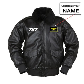 Boeing 787 Flat Text Leather Bomber Jackets