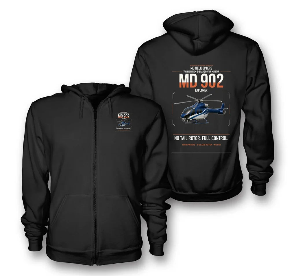 MD Helicopters MD 902 Explorer design on black premium zipped hoodie, double-side print