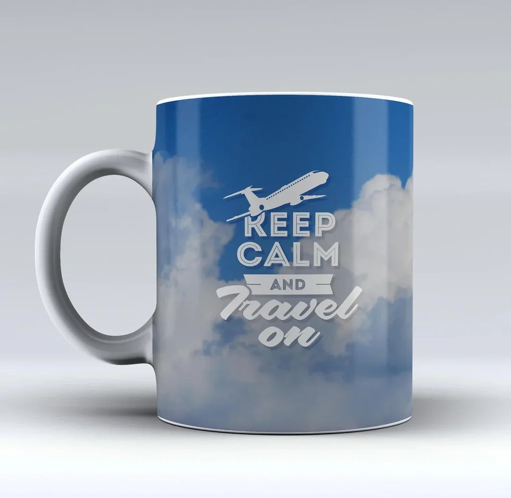 Keep Calm and Travel On aviation design on ceramic mug, premium ceramic with glazed finish.